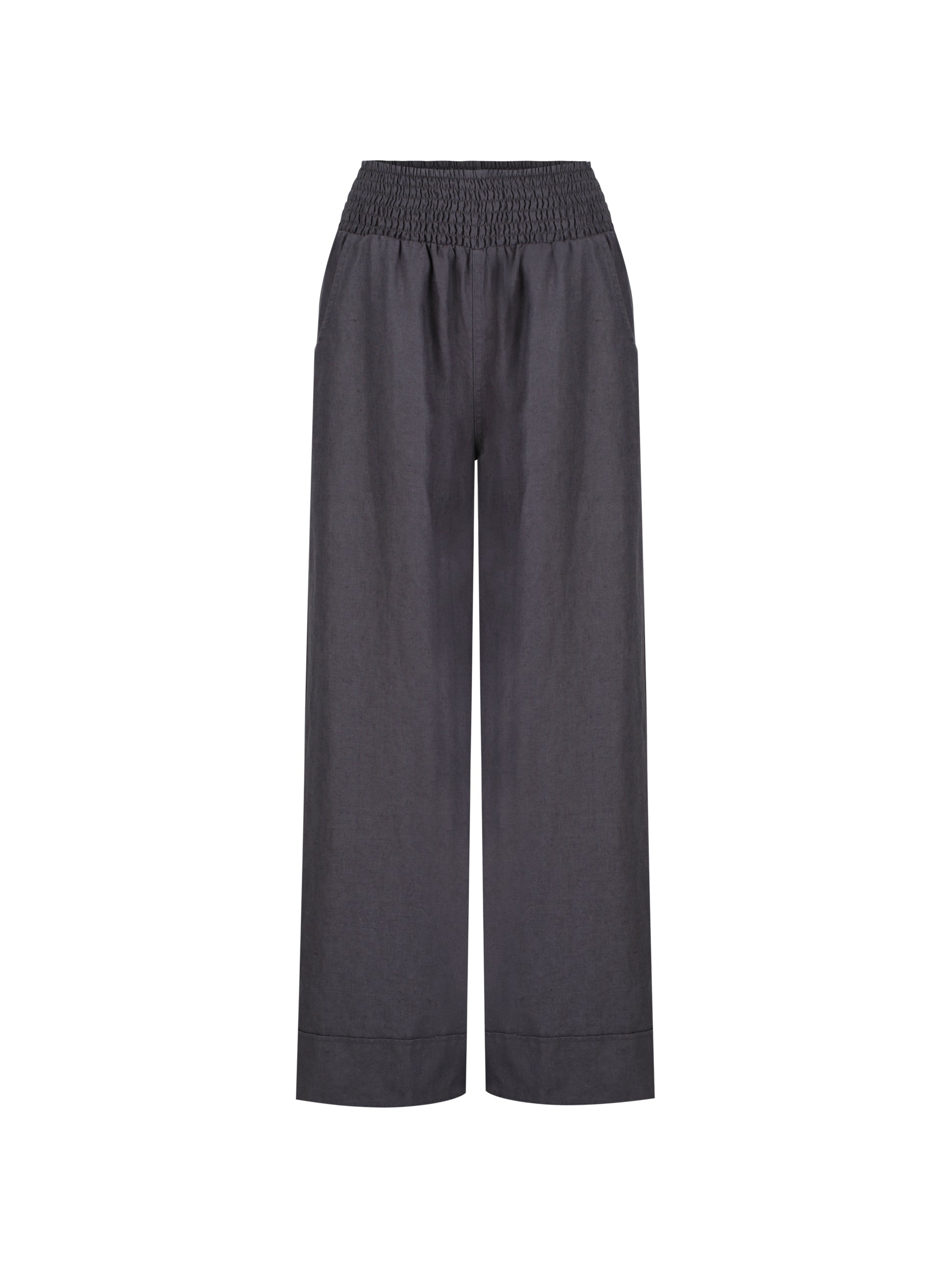 Dark wide-leg pants on a white background