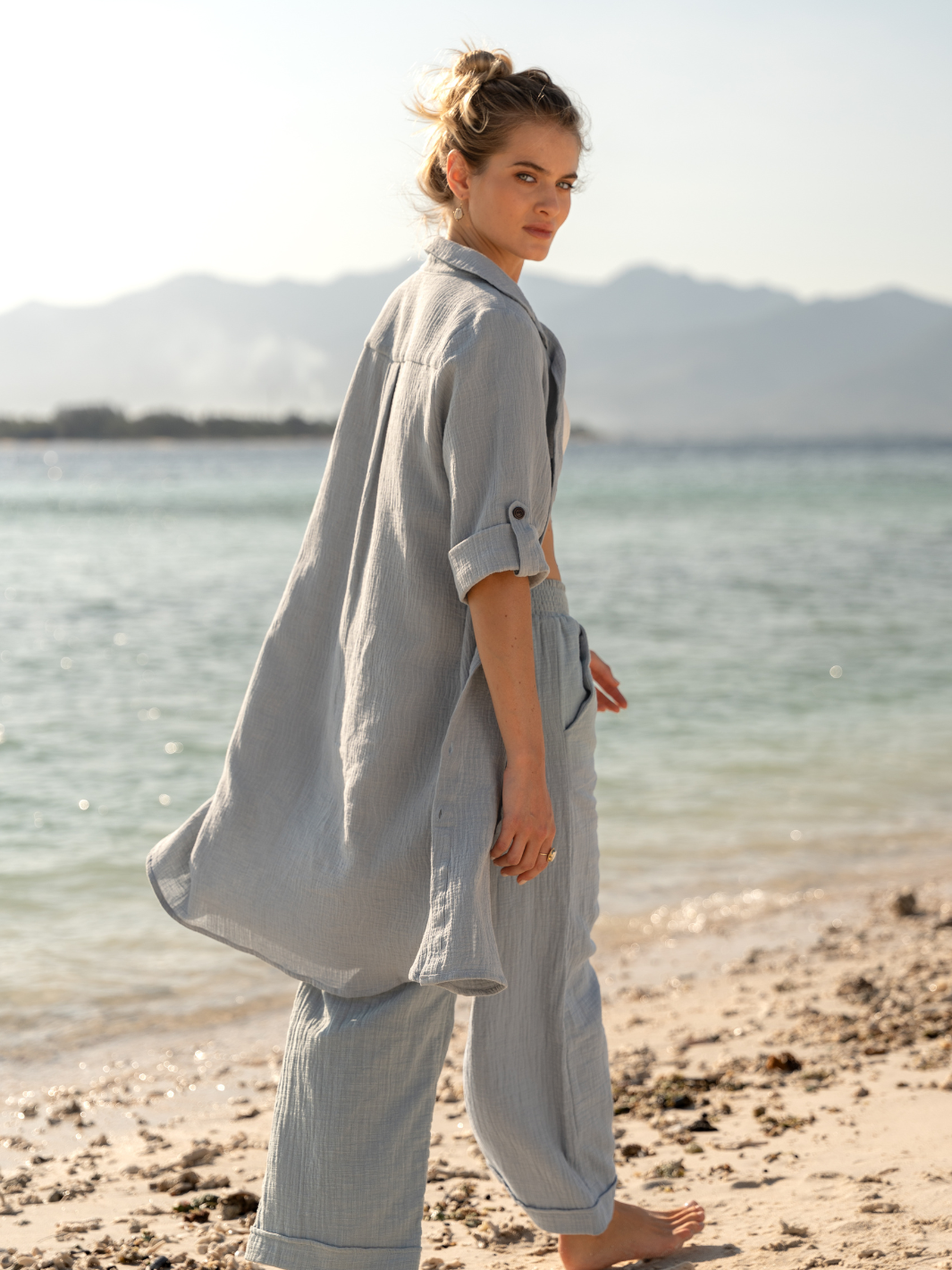 Model wears Harley Cotton Shirt Dress in Slate Blue