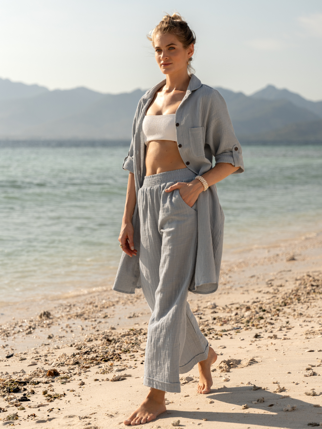 Model wears Harley Cotton Shirt Dress in Slate Blue