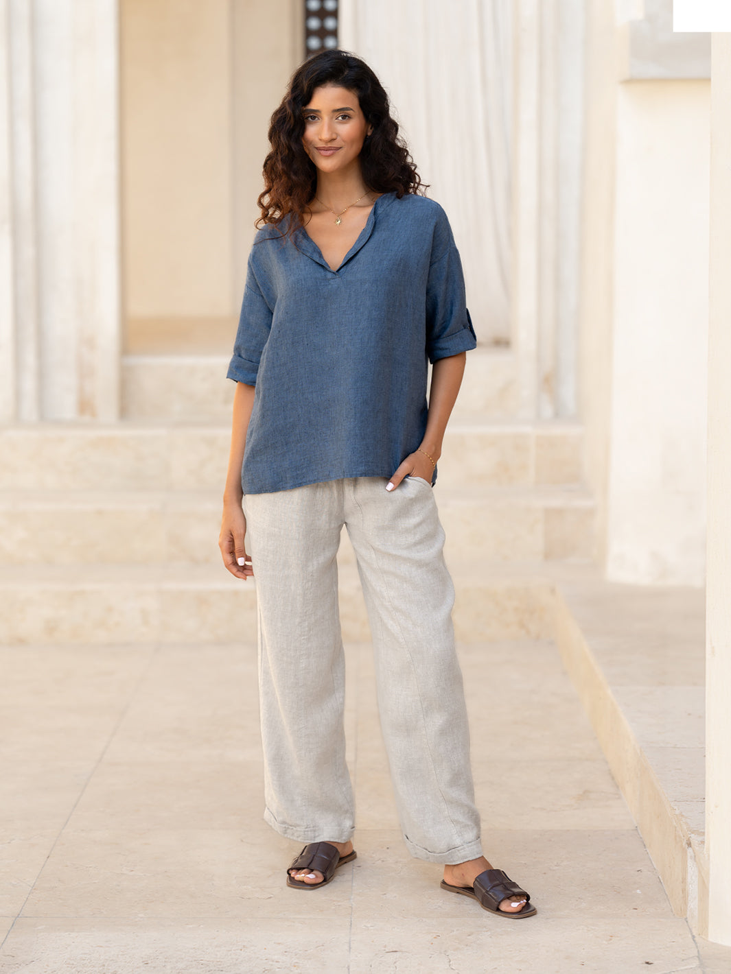 Arya French Linen Shirt Pacific Blue