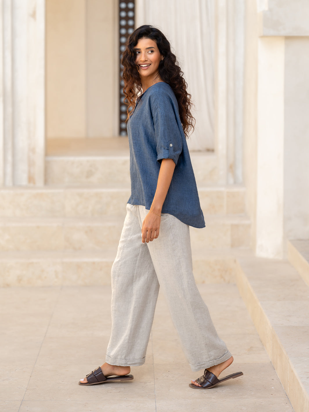 Arya French Linen Shirt Pacific Blue