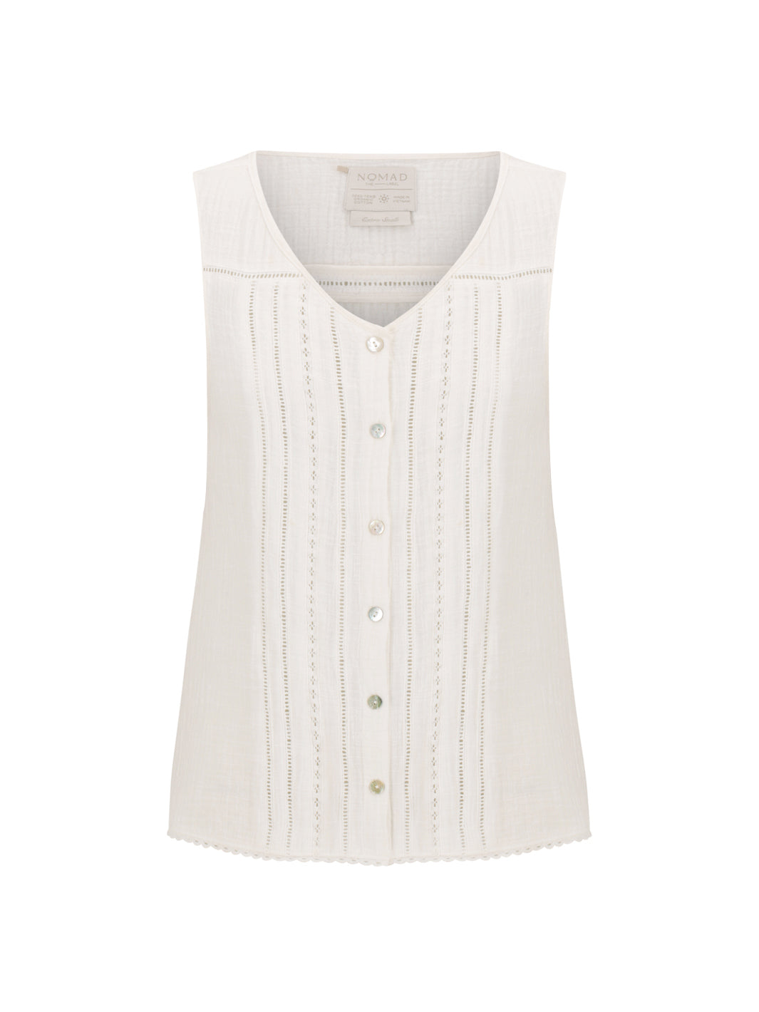 Ceres Organic Cotton Top in coconut shown flat, with shell button placket, pointelle stitching and scalloped trim.