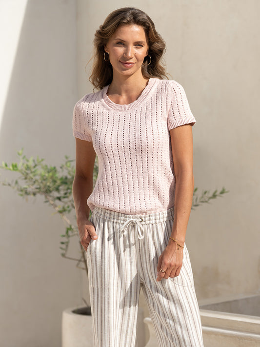 Close view of the Jolie Linen Blend Pants in driftwood, showing the drawstring waist and striped weave.
