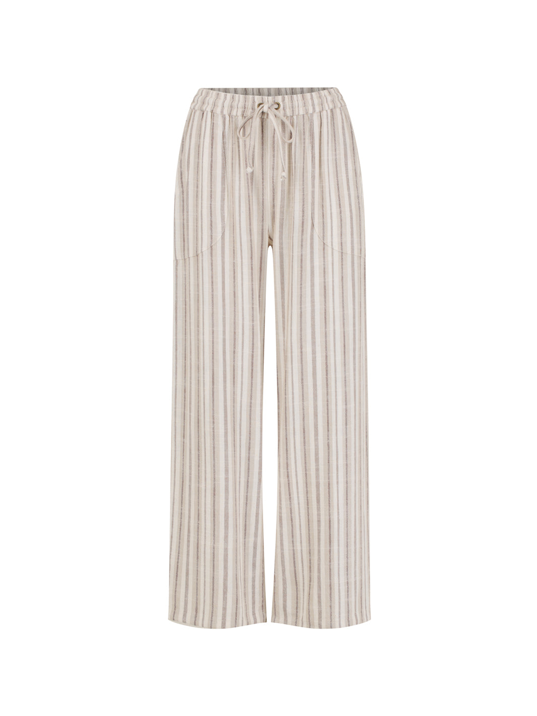 Jolie Linen Blend Pants in driftwood shown flat, with drawstring waist, front pockets and wide leg cut.