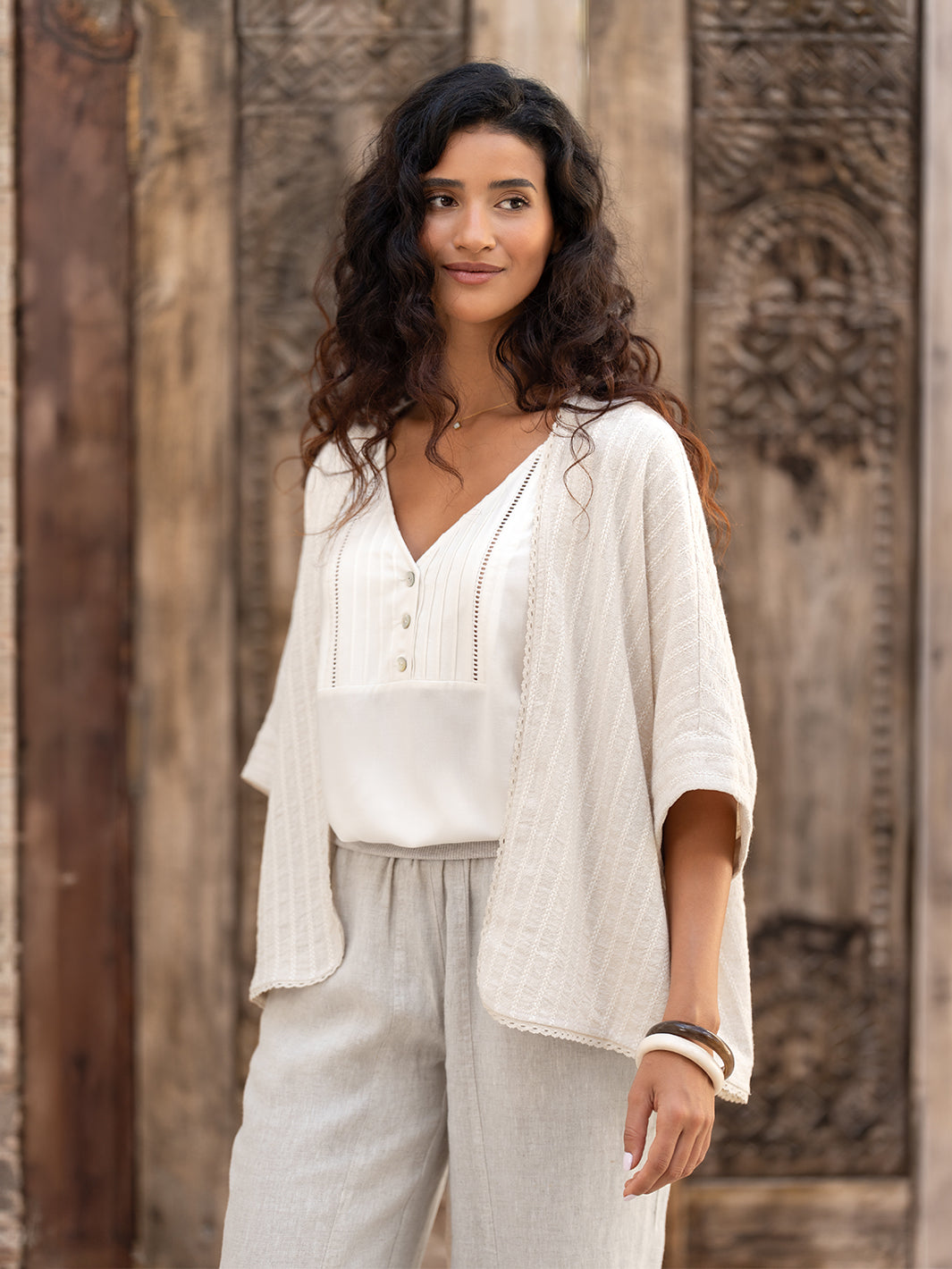 Laia Linen Cotton Kimono Oat Stripe