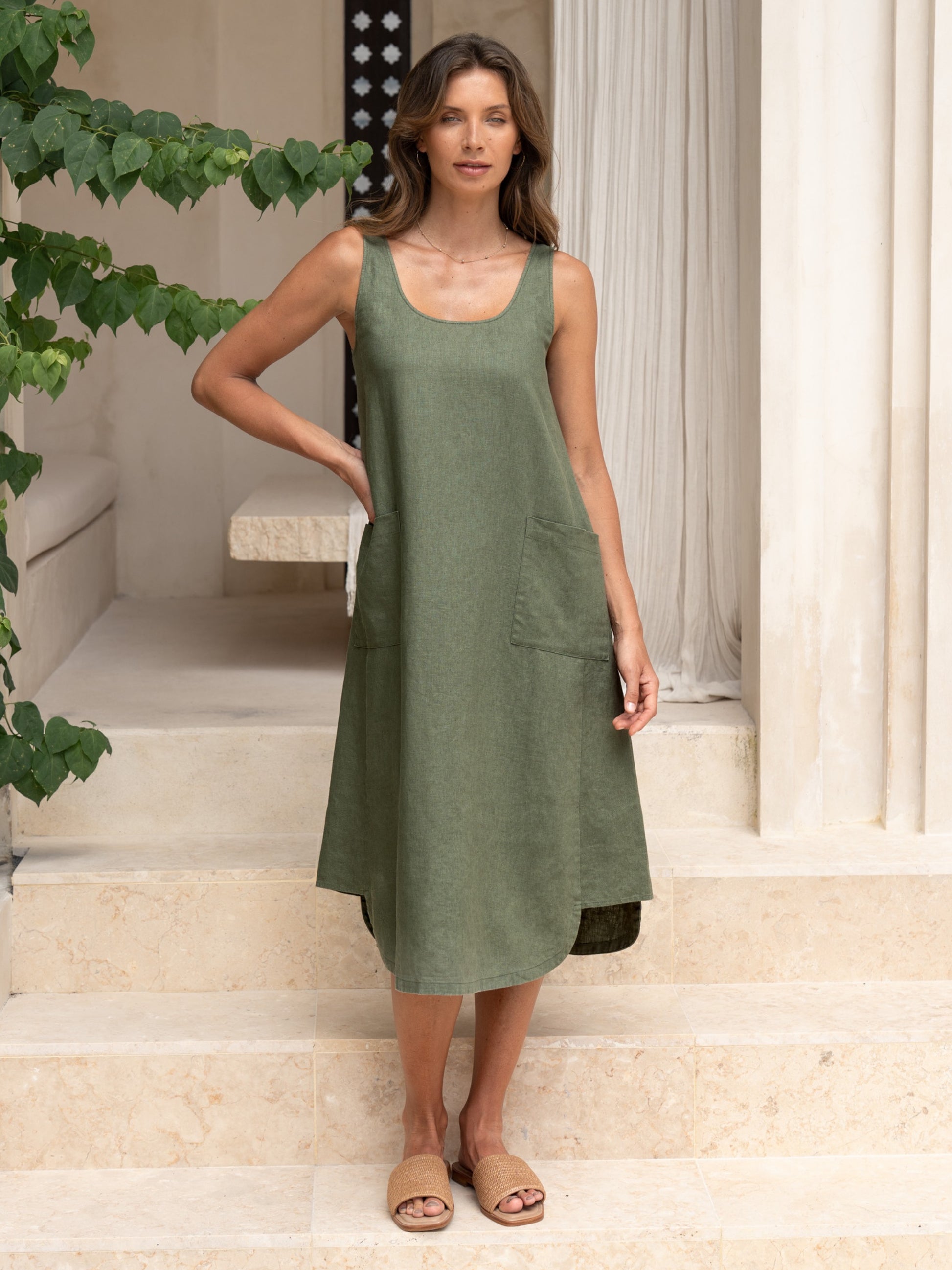 olive green linen dress Summer 18 youre soaking up the Italian sunshine in this linen Laurel French Linen Dress Olive