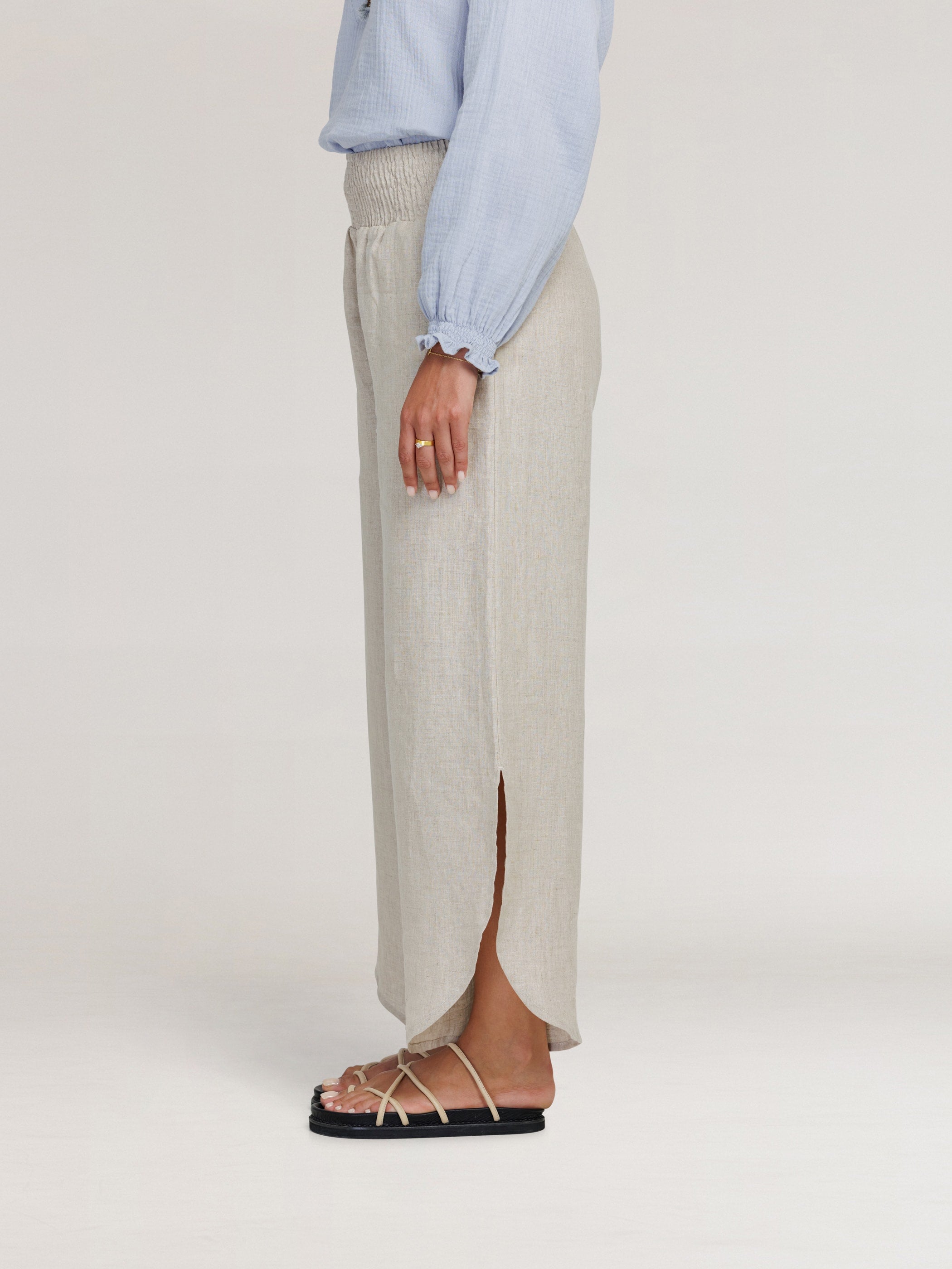 Model wears Sienna Linen Pants in Flax