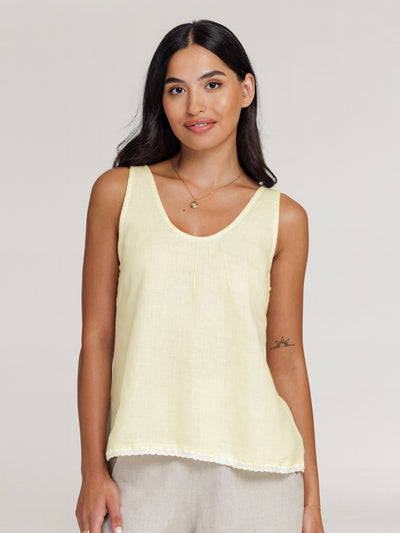 Model wears Tuscan Linen Top in Lemon